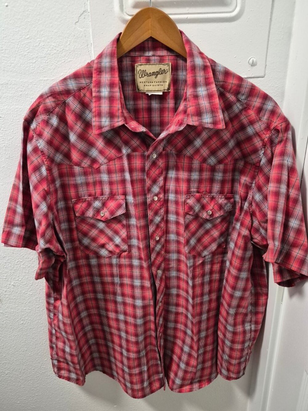 Wrangler Mens Red Plaid Western Snap Button Short Sleeve Shirt 2XL Cotton Blend